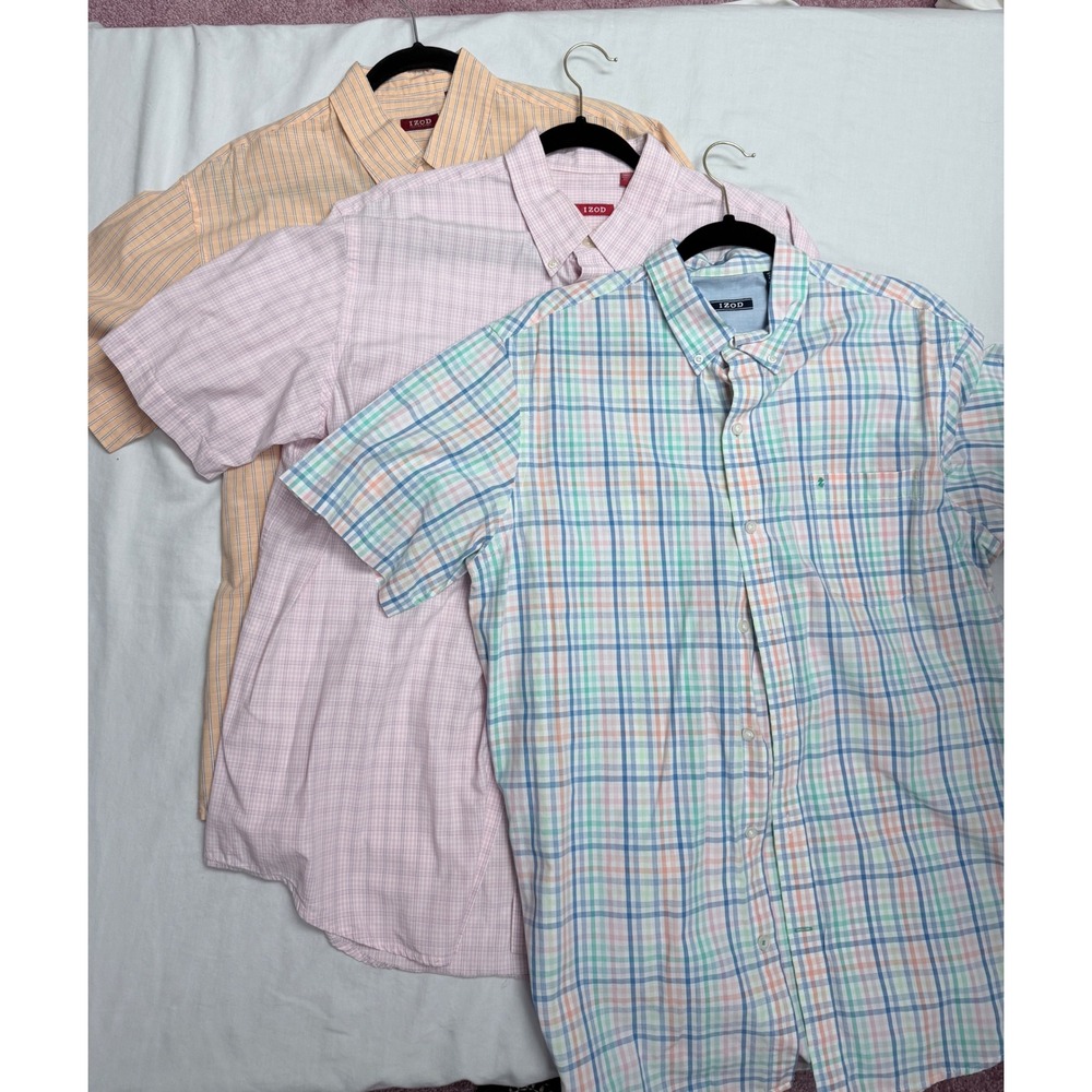 Lot of 3 IZOD Mens Short Sleeve Button Down Shirts Plaid Pink Orange Large